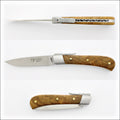 Corsican L' Antò Pocket Knife Teak Handle, side view of open blade and wood grain handle. Handcrafted details, 100% Made in France.