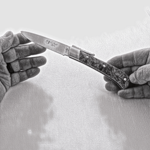 Corsican L' Antò Pocket Knife Teak Handle, close-up, held by hands. Handcrafted details, 100% Made in France.