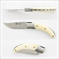 Corsican Rondinara Folding Knife - Cattle Bone, side view of open blade and closed knife. Handcrafted details, 100% Made in France.