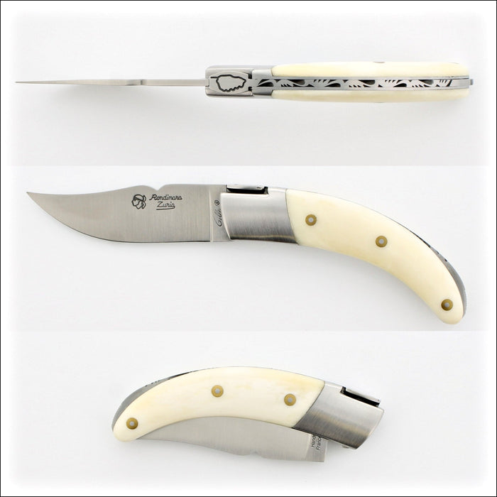 Corsican Rondinara Folding Knife - Cattle Bone, side view of open blade and closed knife. Handcrafted details, 100% Made in France.