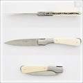 Corsican Sperone Pocket Knife Cattle Bone, top-down view of open and closed knife. Handcrafted details, 100% Made in France.