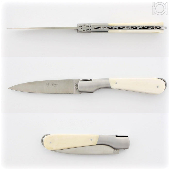 Corsican Sperone Pocket Knife Cattle Bone, top-down view of open and closed knife. Handcrafted details, 100% Made in France.