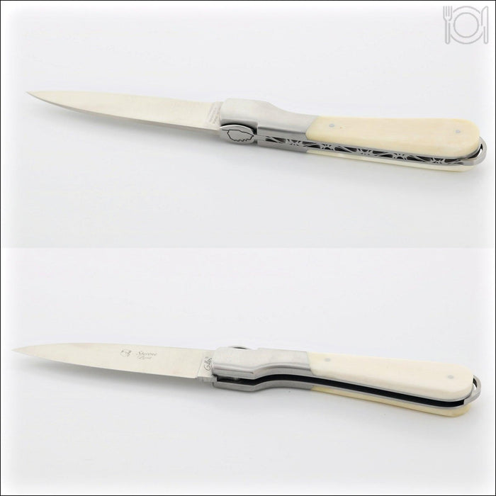 Corsican Sperone Pocket Knife Cattle Bone, top-down view of the open knife. Handcrafted details, 100% Made in France.