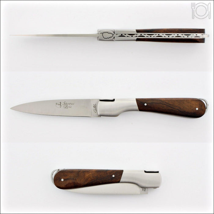 Corsican Sperone Pocket Knife Desert Ironwood, top-down view. Handcrafted details, 100% Made in France.