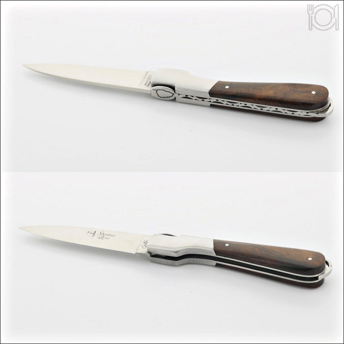 Corsican Sperone Pocket Knife Desert Ironwood, top and bottom views. Handcrafted details, 100% Made in France.