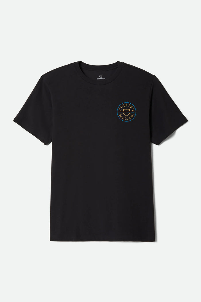 Men's Crest II Short Sleeve Standard T-Shirt in the color Black/Copper/Medium Blue - Front Product Laydown Image