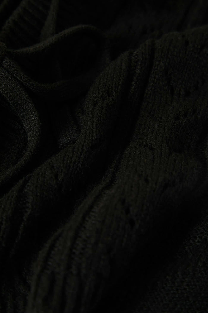 Women's Cropped Pointelle Tie Cardigan in the color Black - Additional Laydown image