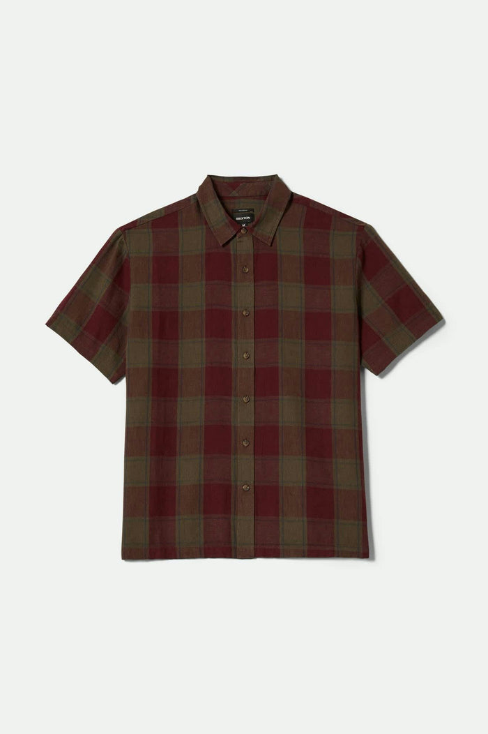 Men's Cru Linen Blend S/S Shirt in the color Olive Surplus/Port - Front Product View