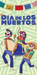 A Dia de los Muertos banner with the text "Dia de Muertos" in white lettering. The banner also features illustrations of sugar skulls, marigolds, and papel picado.