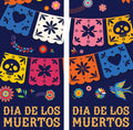 A double vertical banner for the Mexican holiday Dia de los Muertos, decorated with vibrantly colored marigold flowers and two ornately decorated sugar skulls. The banner reads "Dia de los Muertos" in yellow lettering.