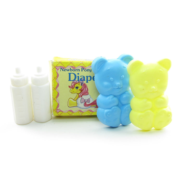 My Little Pony Newborn Twins bottle, teddy bear brushes, diaper box