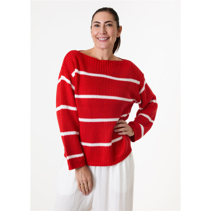 Dreams London Cotton Mix Boat Neck Stripe Jumper Poppy Red (AA0427)
