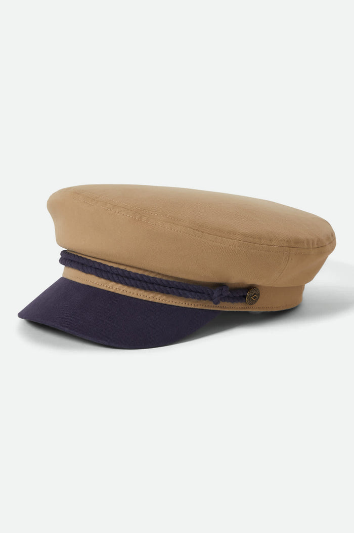 Unisex Fiddler Fisherman Cap in the color Sand/Washed Navy - Front Product View