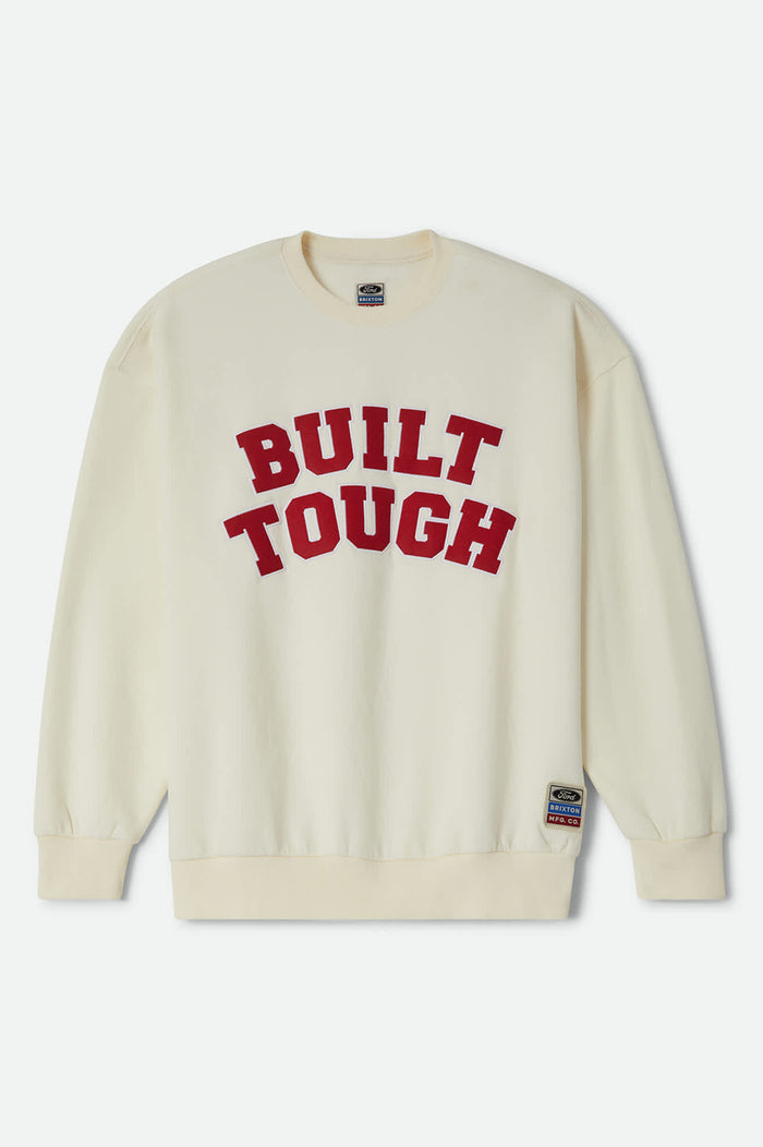 Women's Ford Built Tough Crew Fleece in the color Wimbledon White - Front Product Laydown Image