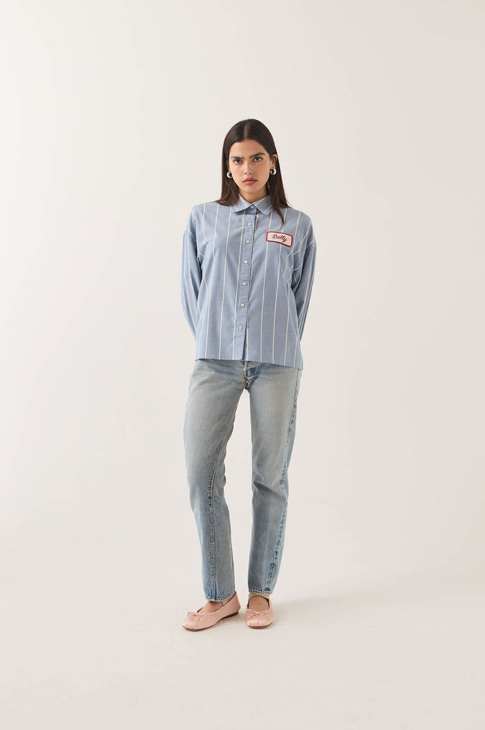 Women's Ford Mustang Sally Shirt in the color Blue Chambray/Stripe - Women's Front Fit Image