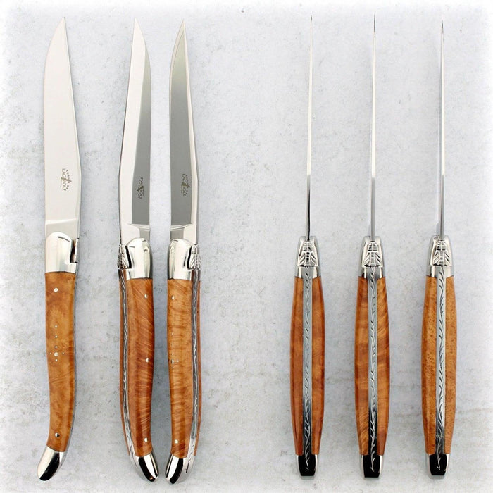 Forge de Laguiole Briarwood Steak Knives - Shiny, Set of 6 Shiny Stainless - Handcrafted by Forge de Laguiole