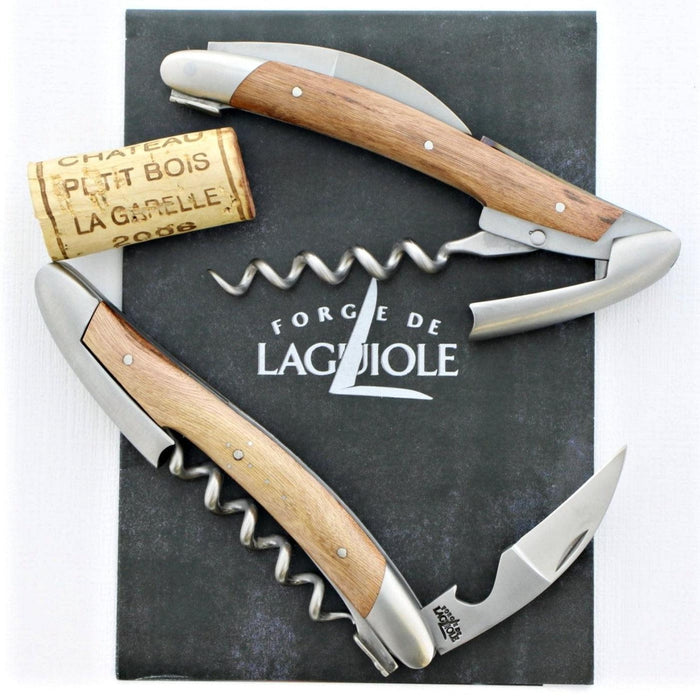 Forge de Laguiole Corkscrew, top-down view of two vine wood handle openers with satin steel accents.