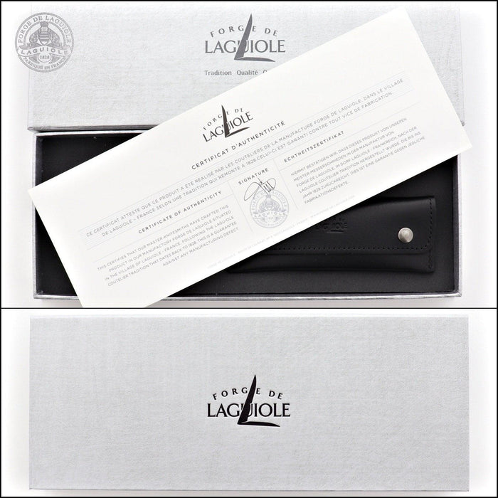 Forge de Laguiole Corkscrew, top-down view of branded gift box with authenticity certificate and case.