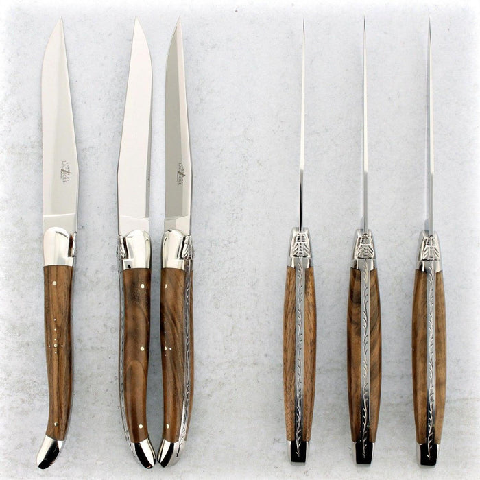 Forge de Laguiole Walnut Steak Knives - Shiny, Set of 6 Shiny Stainless - Handcrafted by Forge de Laguiole