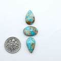 Fox Turquoise cabochons, polished gemstones with natural matrix on a white background, with a US dime for scale