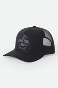 Unisex Fremont Netplus Trucker Hat in the color Black/Black - Front Product Laydown Image