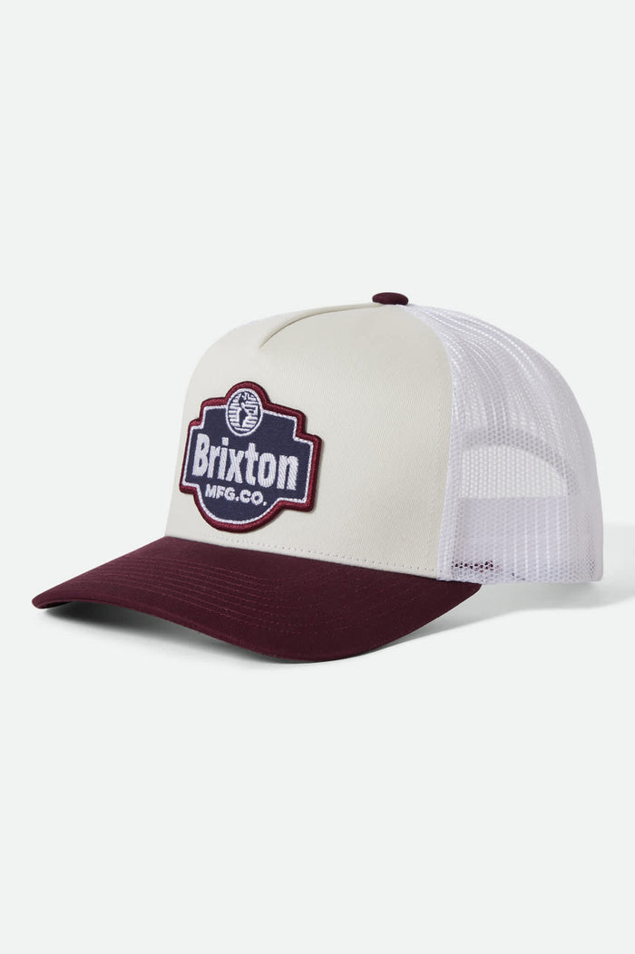 Unisex Genuine Quality Netplus Trucker Hat in the color Off White/Port - Front Product View