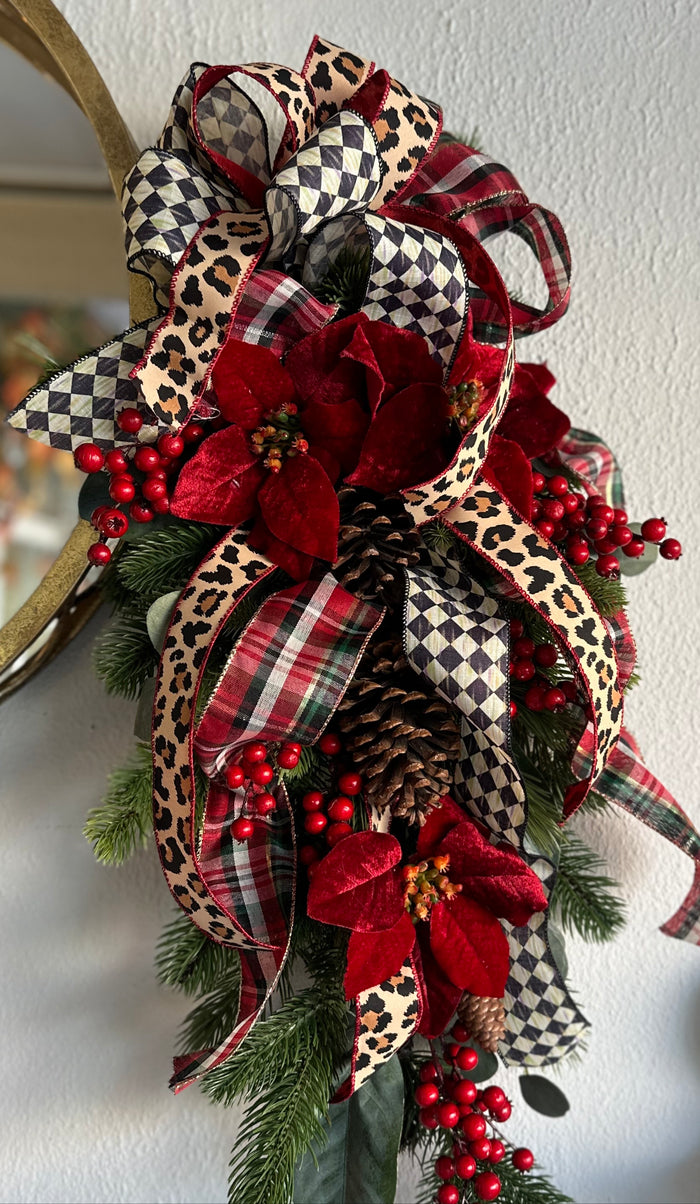 Harlequin, Leopard, and Plaid Red Poinsettia Swag