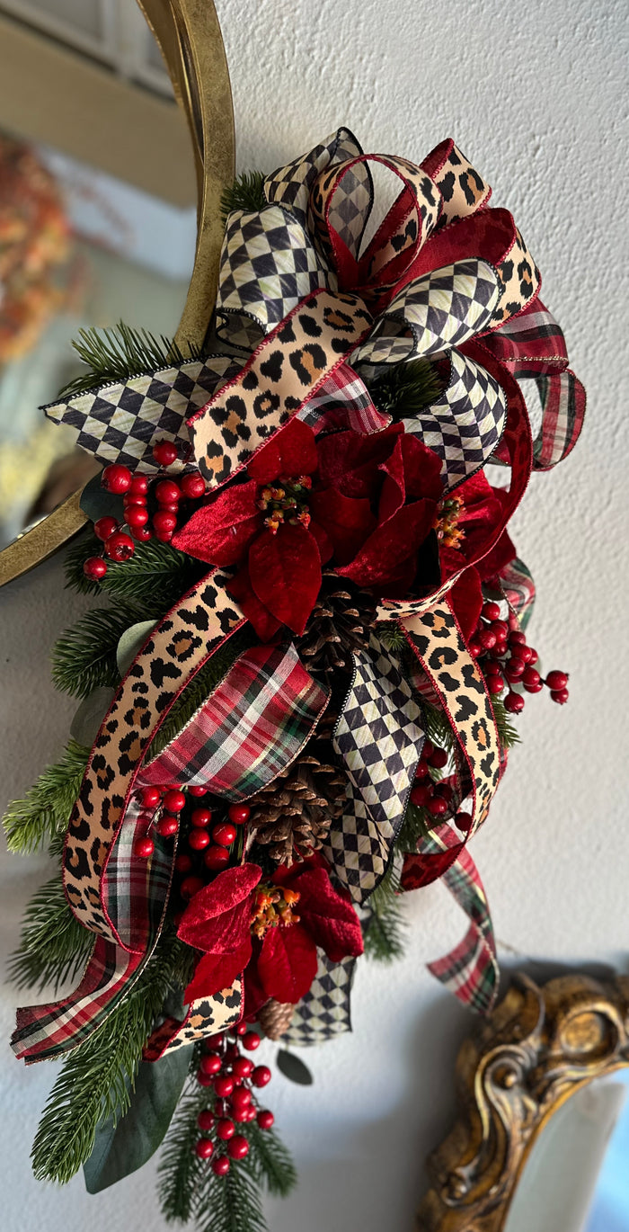 Harlequin, Leopard, and Plaid Red Poinsettia Swag