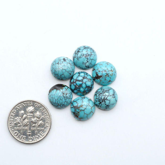Hubei Cloud Mountain Turquoise cabochons, blue and green color with black matrix, polished stones on a white background, with a US dime for scale