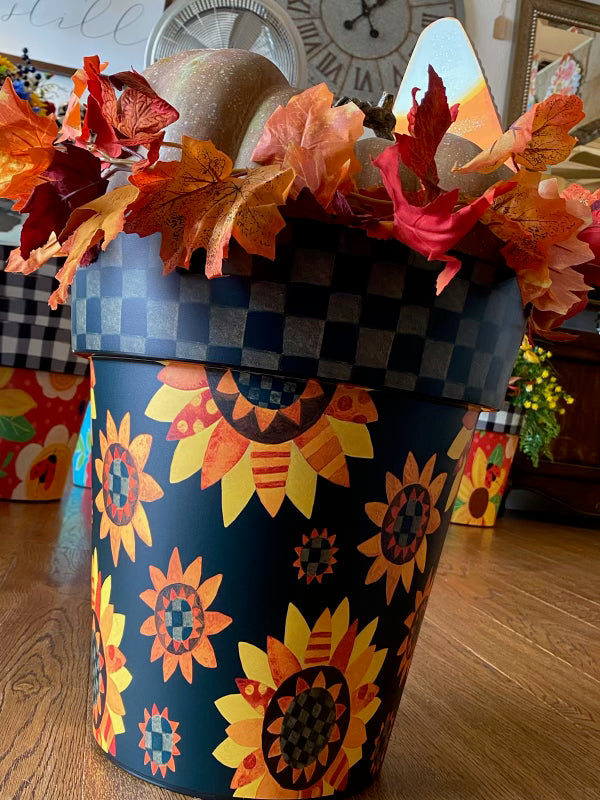 Sunflower Outdoor Pot with Gray and Black Check Border  15” pot