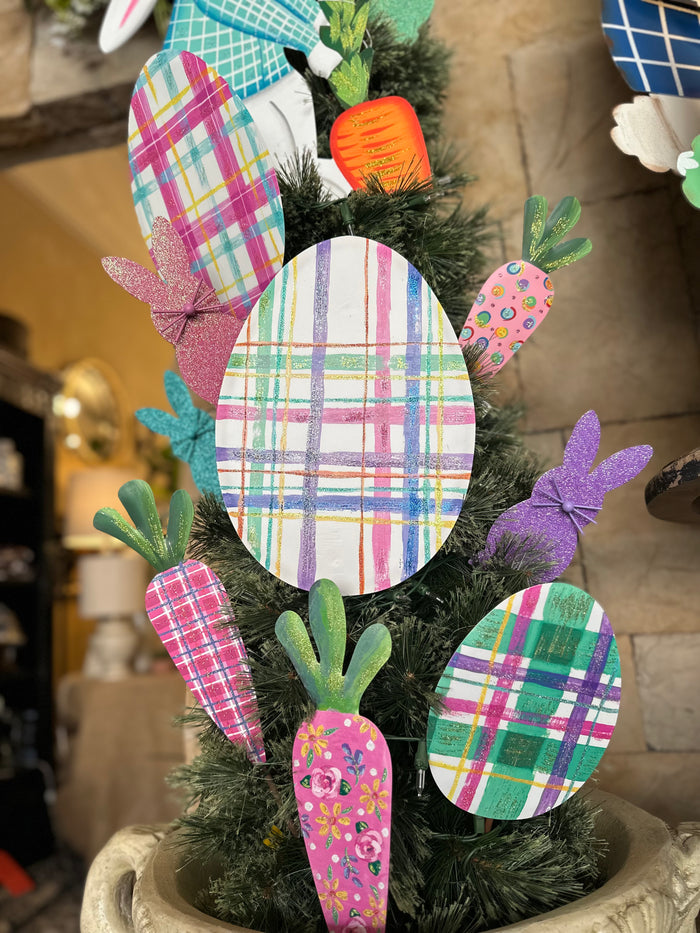 Plaid Metal Eggs Set of 3 Easter Outdoor Stakes in Pink, White and Blue
