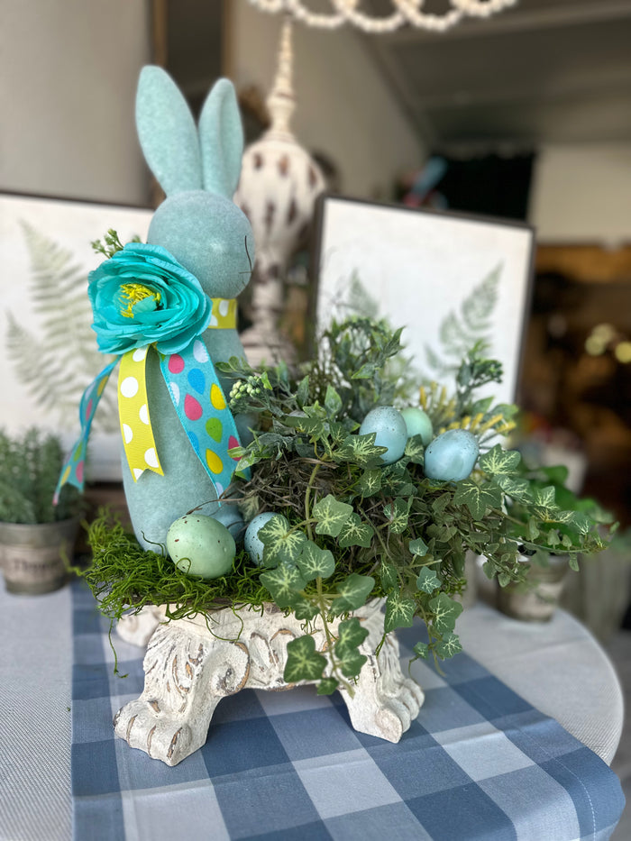 Light Blue  Bunny Arrangement with Speckled Eggs