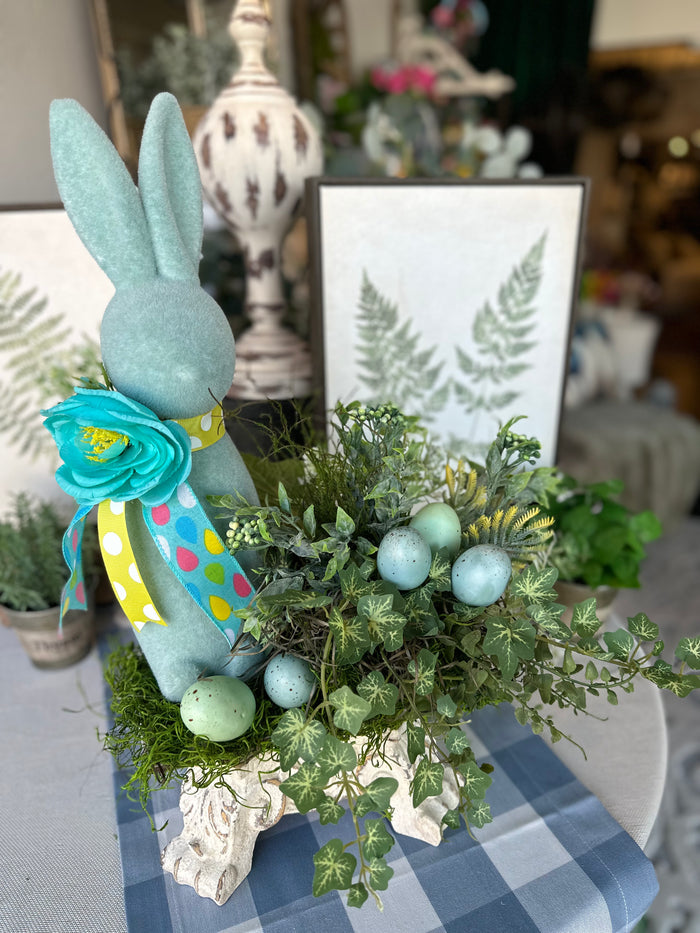 Light Blue  Bunny Arrangement with Speckled Eggs