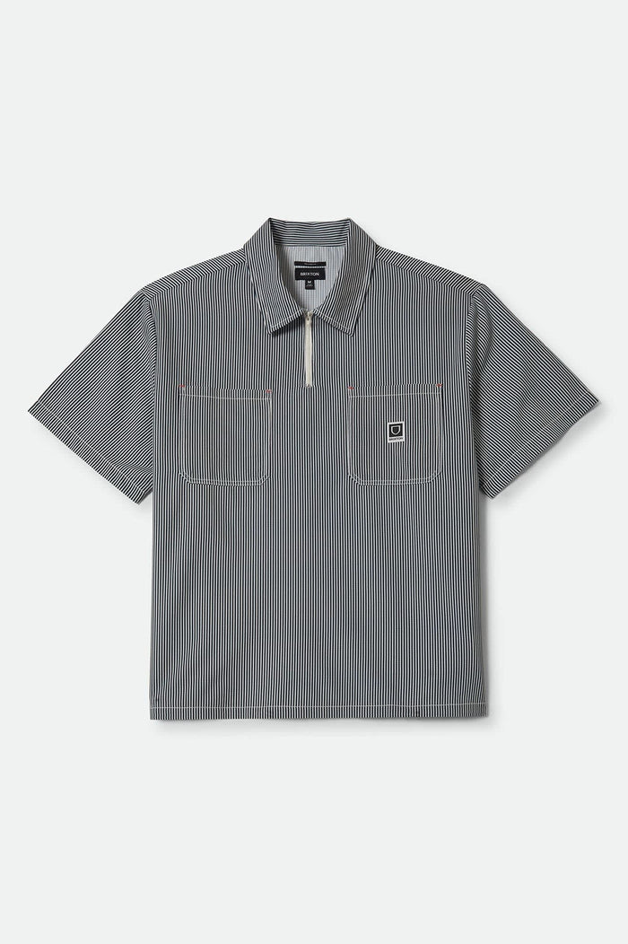 Men's Journey Lightweight 1/2 Zip Cropped Short Sleeve Shirt in the color Navy/White Stripe - Front Product View