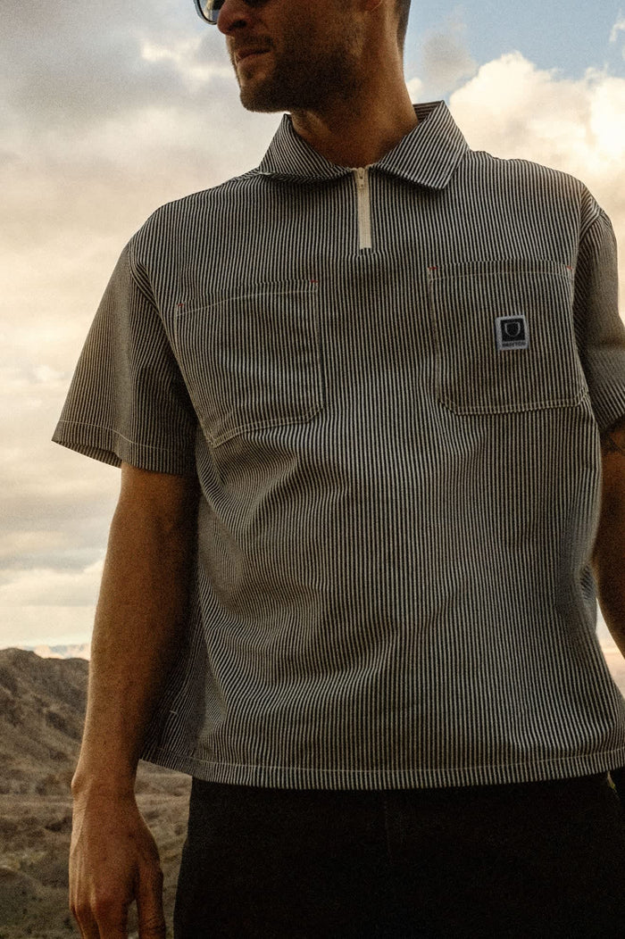 Men's Journey Lightweight 1/2 Zip Cropped Short Sleeve Shirt in the color Navy/White Stripe - Men's Lifestyle image