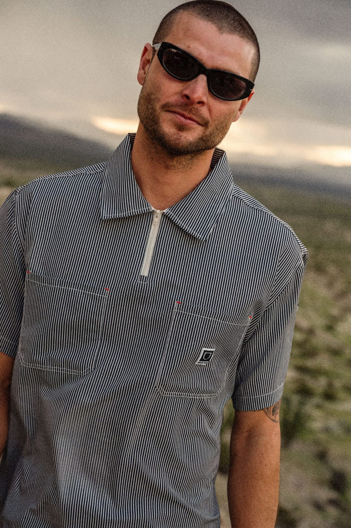 Men's Journey Lightweight 1/2 Zip Cropped Short Sleeve Shirt in the color Navy/White Stripe - Men's Lifestyle image