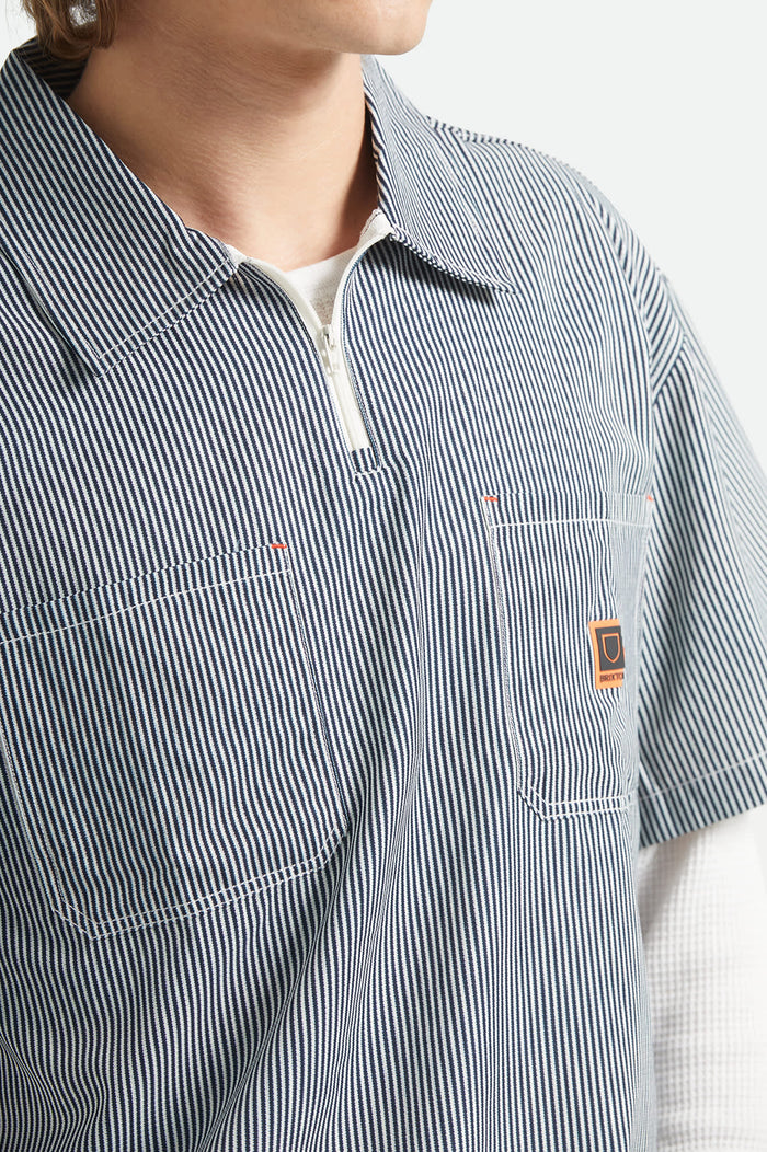 Men's Journey Lightweight 1/2 Zip Cropped Short Sleeve Shirt in the color Navy/White Stripe - Additional Fit image
