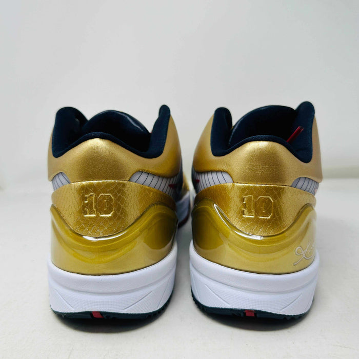 Nike Kobe 4 Protro Gold Medal 2024 basketball shoes, gold and black colorway, rear view.