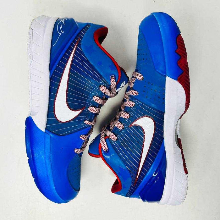 The Nike Kobe 4 Protro Philly (2024), a blue basketball shoe with red and white accents, is displayed on a black shoebox. This authentic piece features a white swoosh, red lining, and size 6.5 tag—ideal for collectors hunting lightly worn treasures for the 2024 courts.