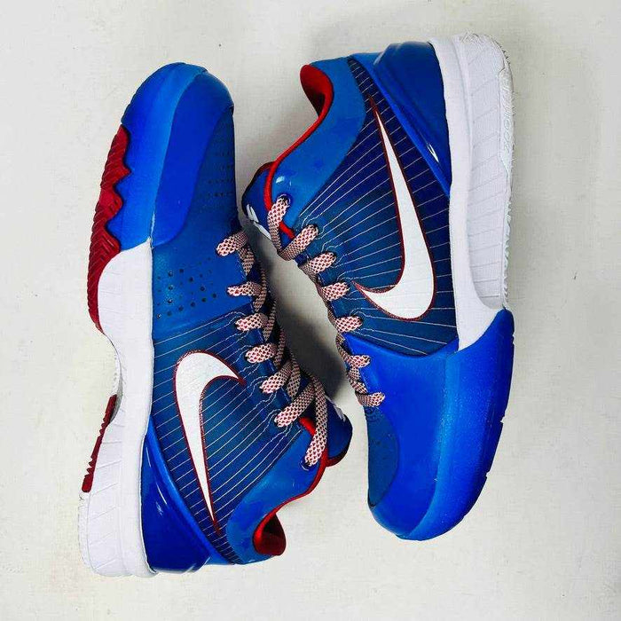 The Nike Kobe 4 Protro Philly (2024), a blue basketball shoe with red and white accents, is displayed on a black shoebox. This authentic piece features a white swoosh, red lining, and size 6.5 tag—ideal for collectors hunting lightly worn treasures for the 2024 courts.
