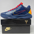 Nike Kobe 5 Protro Caitlin Clark Indiana Fever basketball shoe in blue with red laces and yellow accents on black Nike box