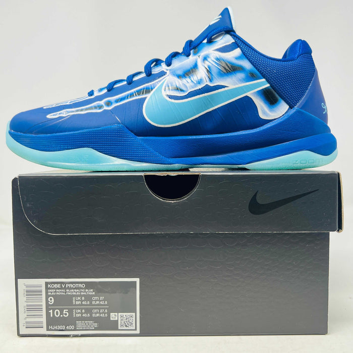 Nike Kobe 5 Protro basketball shoe in blue with light wear on black Nike box 2024 model