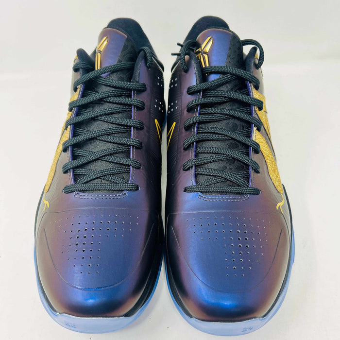 The Nike Kobe 5 Protro Year of the Mamba Eggplant sneakers offer a stylish design with purple and gold colors, black laces, and an authentic tongue logo. They feature perforated side panels, a shiny finish, and include a dust bag for easy storage.
