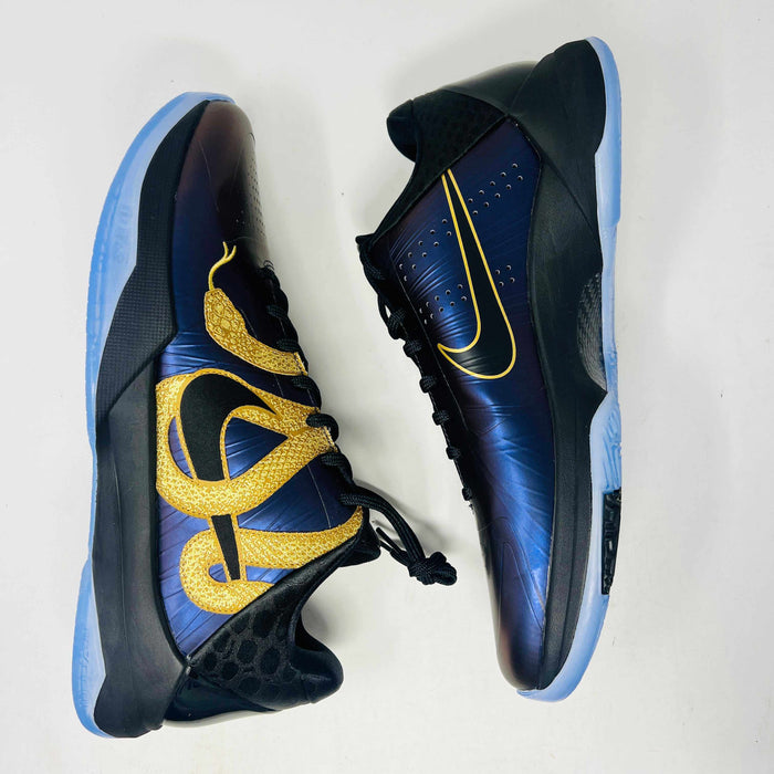 The Nike Kobe 5 Protro Year of the Mamba Eggplant sneakers offer a stylish design with purple and gold colors, black laces, and an authentic tongue logo. They feature perforated side panels, a shiny finish, and include a dust bag for easy storage.