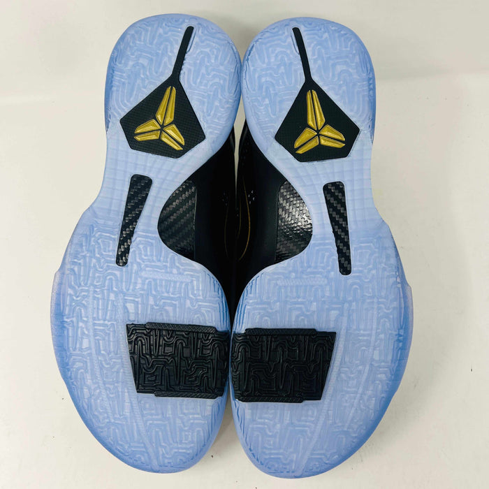 The Nike Kobe 5 Protro Year of the Mamba Eggplant sneakers offer a stylish design with purple and gold colors, black laces, and an authentic tongue logo. They feature perforated side panels, a shiny finish, and include a dust bag for easy storage.