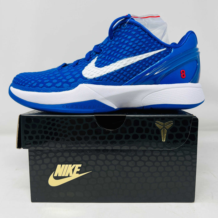 Nike Kobe 6 Dodgers GS blue basketball sneaker for youth on Nike box with white swoosh and red detailing