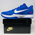 Nike Kobe 6 Protro Dodgers blue basketball shoe with white swoosh and red number 8 on black Nike box