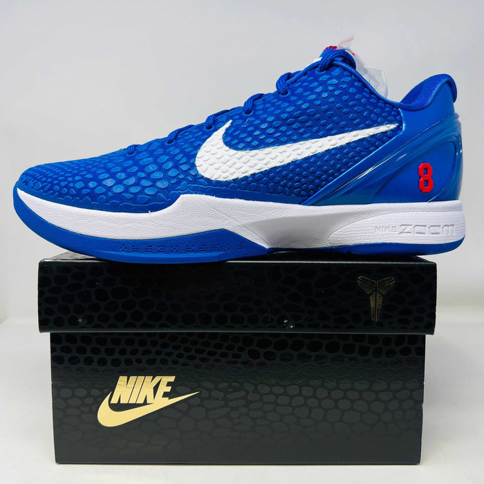 Nike Kobe 6 Protro Dodgers blue basketball shoe with white swoosh and red number 8 on black Nike box