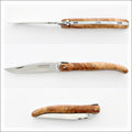 Laguiole Full Handle 12 cm "Old school" Amboyna Burl, side view of open pocket knife. Handcrafted details, 100% Made in France.