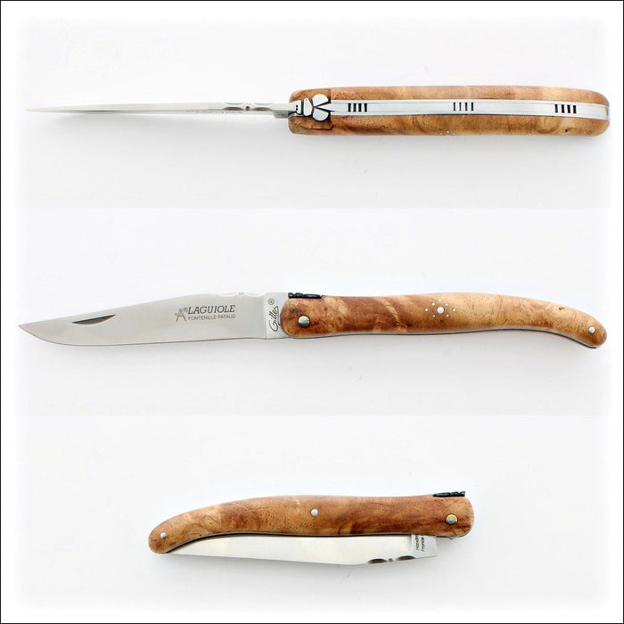 Laguiole Full Handle 12 cm "Old school" Amboyna Burl, side view of open pocket knife. Handcrafted details, 100% Made in France.